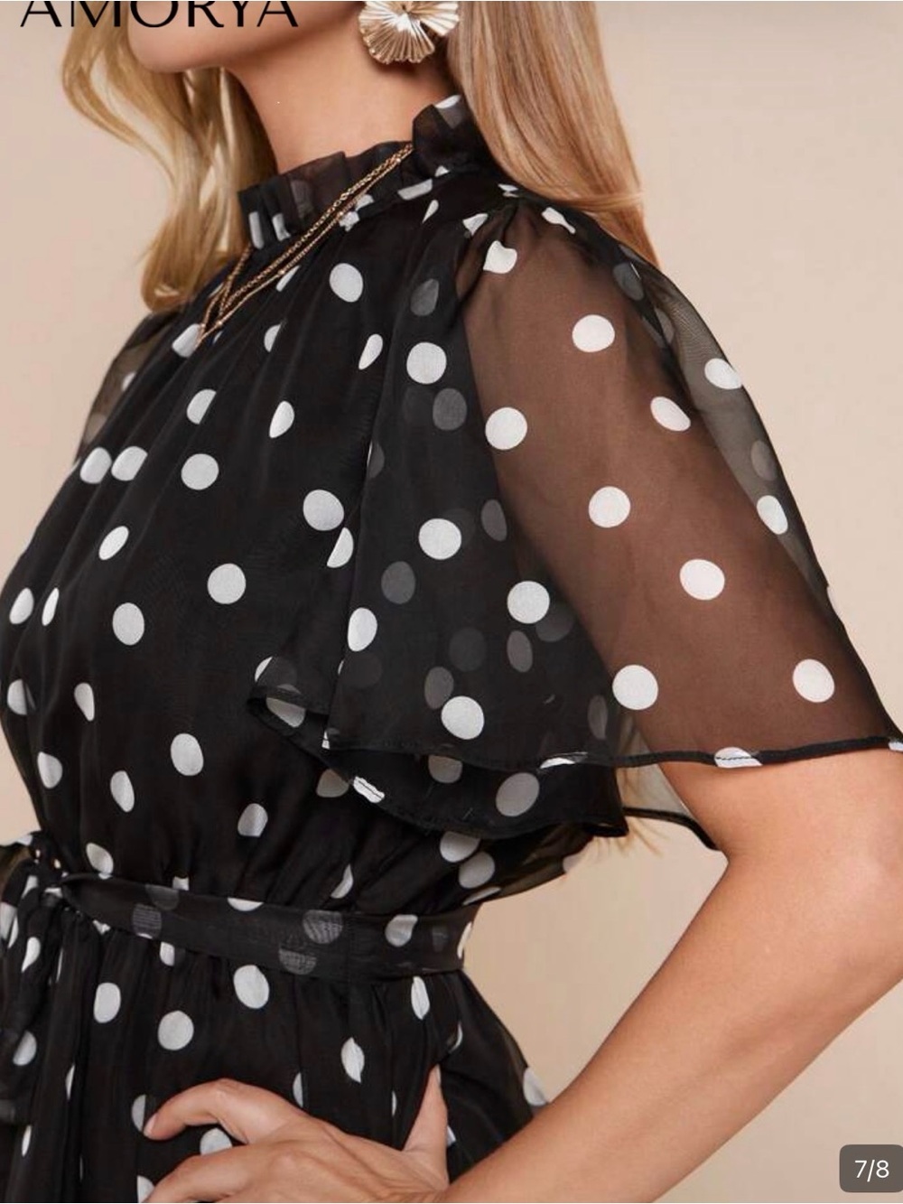 SHEIN Black and White Polka Dot Tie-Front Mini Dress - Picture 4 of 5